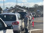 Cars are lined up while a person dressed in PPE holds papers and stands by a car