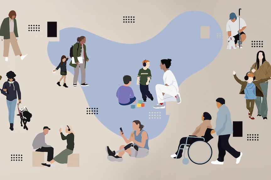 Illustrations of several people, including a person in a wheelchair, another with a guide dog and another with a cane.