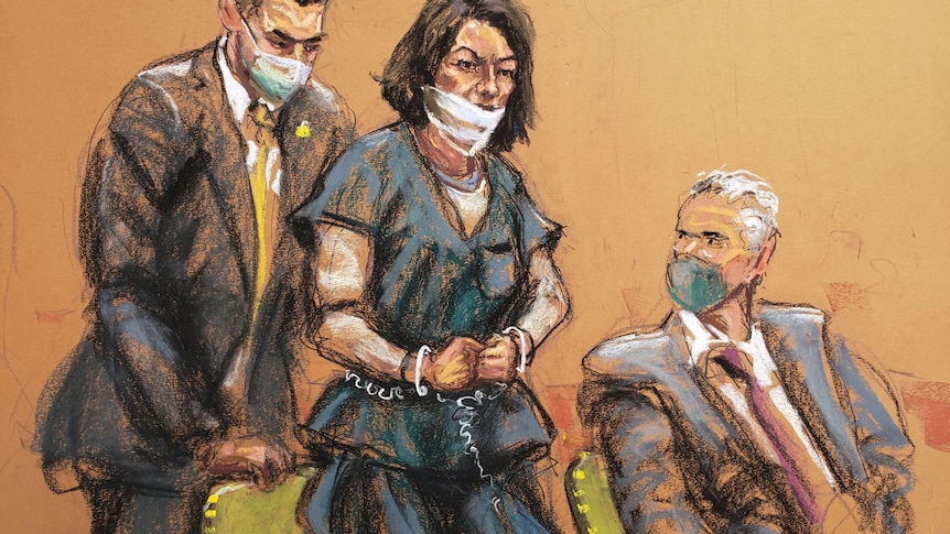 A court illustration show Ghislaine Maxwell in handcuffs and wearing a facemask being sat a chair by a man in a suit.
