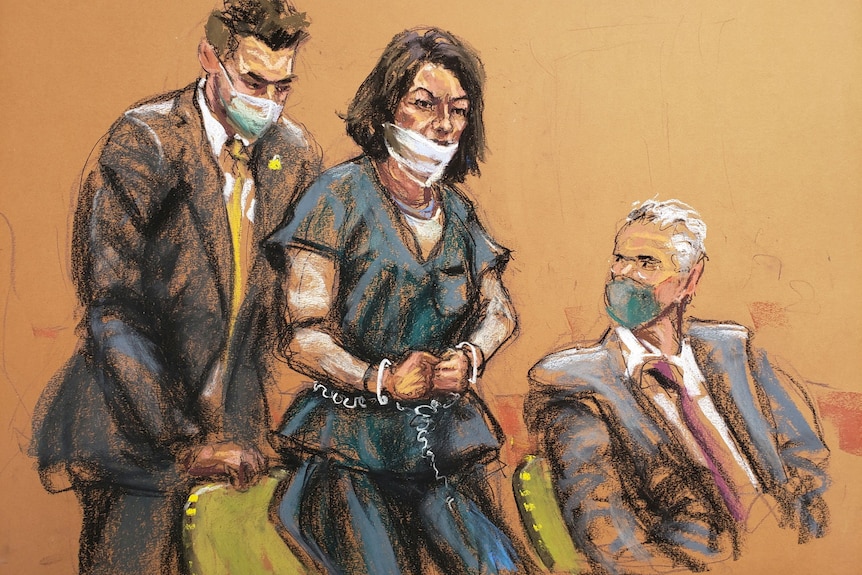 A court illustration show Ghislaine Maxwell in handcuffs and wearing a facemask being sat a chair by a man in a suit.