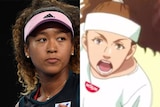 A composite image of tennis player Naomi Osaka and a cartoon of her by Japanese Noodle company Nissin.