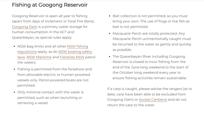 标题为“在 Googong 水库钓鱼”的 ACT 政府网站的屏幕截图