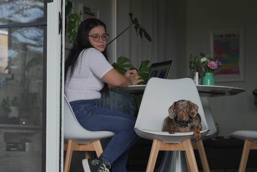 A woman at a table looking at a sausage dog sitting on a chair.