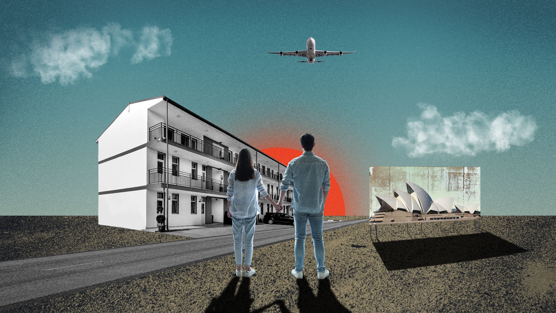 Graphic of a couple standing beneath an image of a motel.