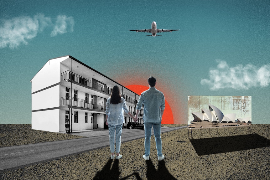 Graphic of a couple standing beneath an image of a motel.