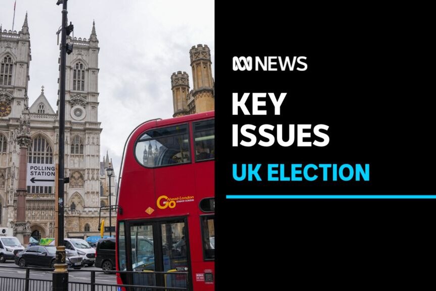 Key Issues, UK Election: Westminster Abbey in the background with a London bus in the foreground.