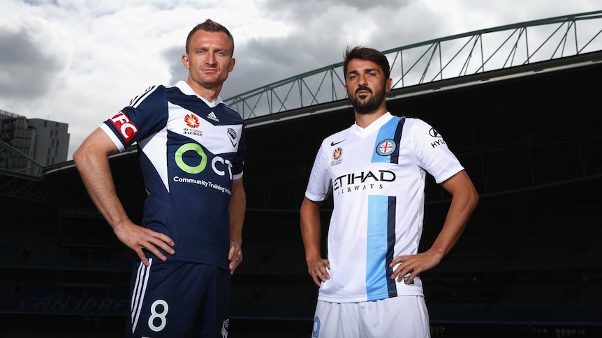 Melbourne Victory's Besart Berisha and Melbourne City's David Villa at Docklands A-League launch.