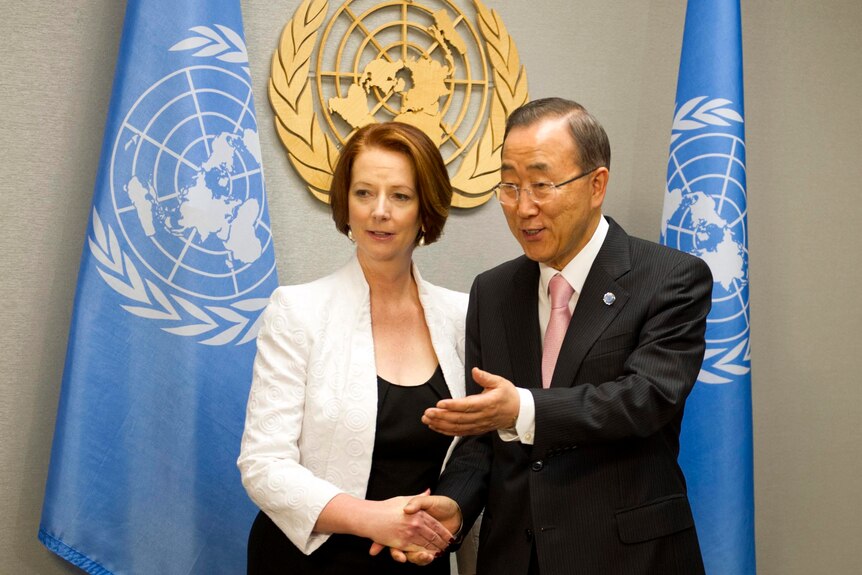 Julia Gillard meets with Ban Ki-moon at the United Nations in New York City.