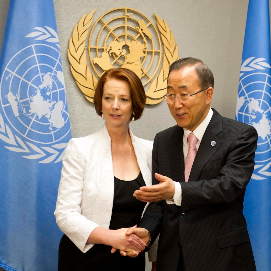 Julia Gillard meets with Ban Ki-moon at the United Nations in New York City.