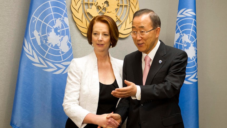 Julia Gillard meets with Ban Ki-moon at the United Nations in New York City.