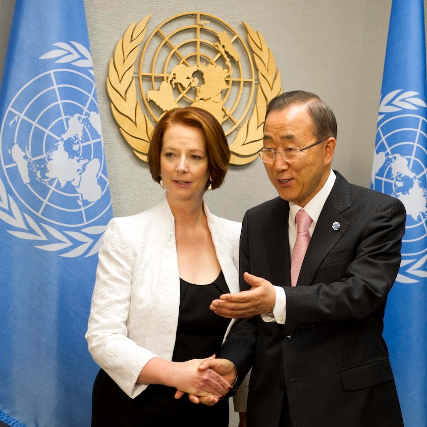 Julia Gillard meets with Ban Ki-moon at the United Nations in New York City. (AFP: Don Emmert)