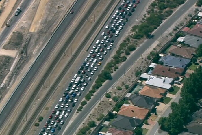 An aerial shot of a traffic jam.