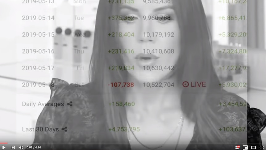A screenshot of a woman with subscriber numbers interposed over her face.