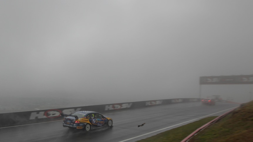 Tricky conditions ... fog shrouded Mount Panorama during Thursday's practise sessions.