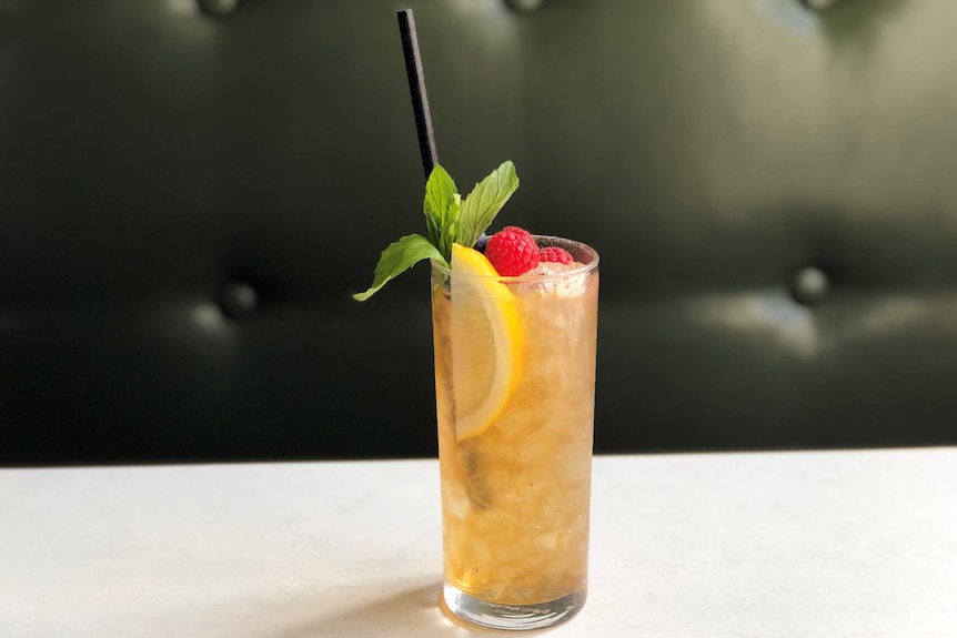 A tall glass of sherry cobbler with citrus, raspberries and mint, a refreshing classic cocktail recipe.