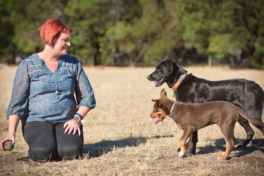 Leonie sits in a field with her dogs.