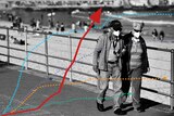 A chart superimposed on a picture of an elderly couple wearing masks on Bondi Beach.