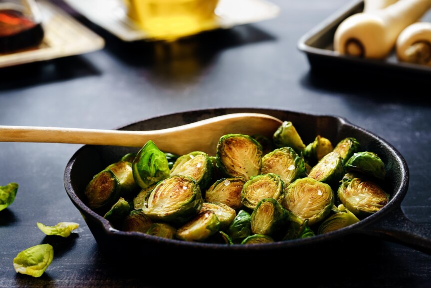 Cast iron pan with brussel sprouts