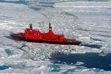 A red icebreaker ship sailing through sheet ice.