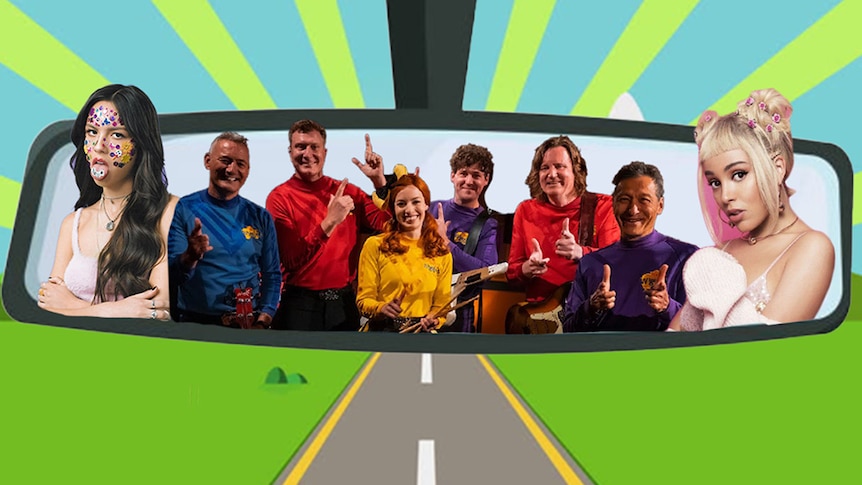 Illustrated perspective of driving a highway with Olivia Rordigro, The Wiggles, and Doja Cat appearing in the rear view mirror