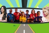 Illustrated perspective of driving a highway with Olivia Rordigro, The Wiggles, and Doja Cat appearing in the rear view mirror