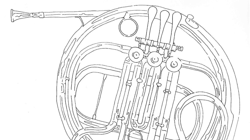 Line drawing of a French horn