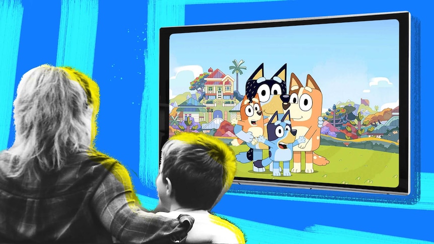 Illustration shows mum and son watching Bluey the animation on television