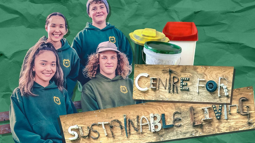 Collage of students posing for a photo, signage made out of recycled parts saying 'Centre for Sustainable Living', coloured bins