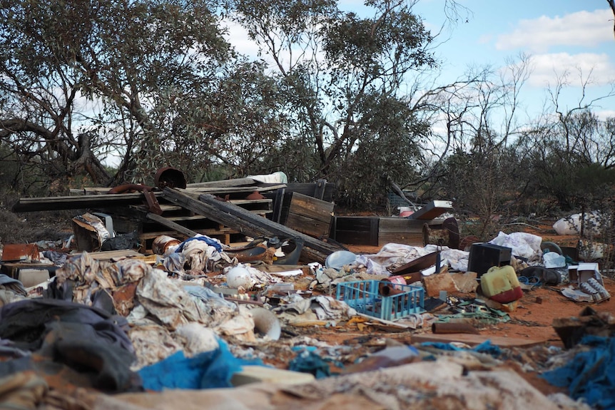 Wooden beams, old linen, plastic crates and other items litter shrub land in a national park.