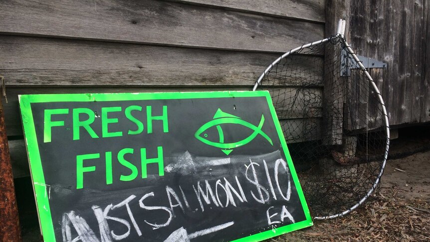 A green and black sign that read "Fresh Fish, Australian Salmon $10" sits in front of one of the old Parry's fishing shacks.