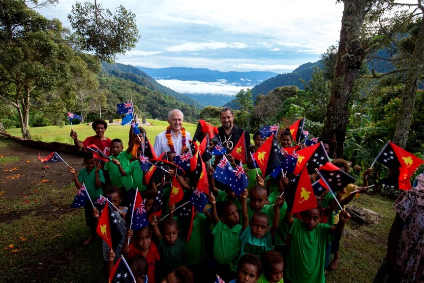 Malcolm Turnbull with schoolchildren at Isurava in Papua New Guinea.