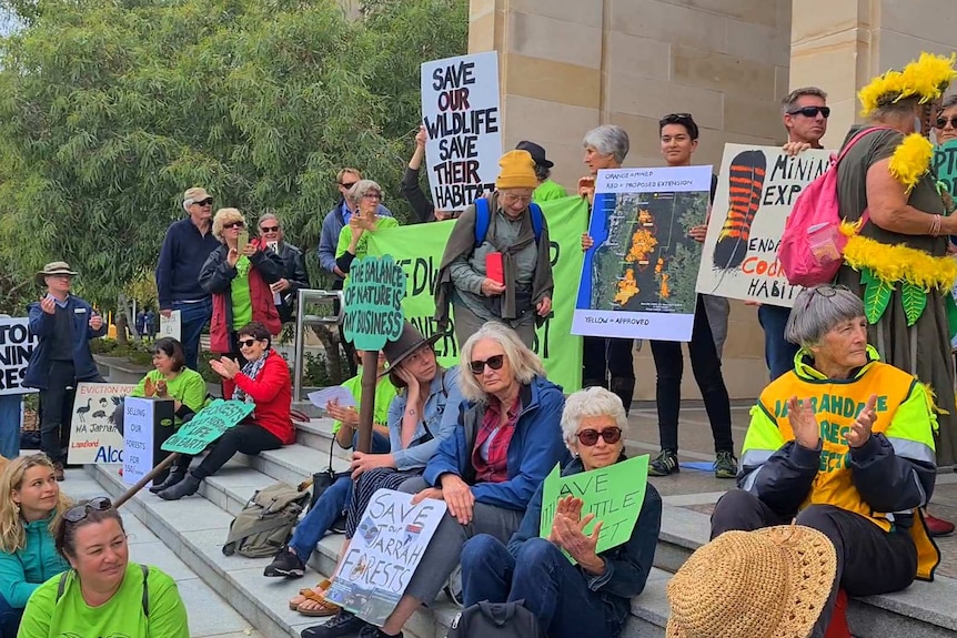 A group of people with bright coloured banners and posters in protest on the front steps of Parliament House.