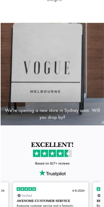 Mobile view of a shopping website called Vogue Melbourne. A sign with the brand on it is present