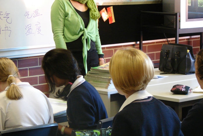Children in school uniforms sit at desks, pictured from behind while a teacher stands in front of a whiteboard, face obscured.