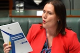 Kelly O'Dwyer holds up a document titled "greater choices for Australian women" while speaking into a microphone in Parliament
