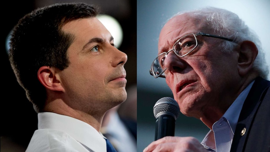 side profile headshot of Pete Buttigieg in a white shirt and blue tie next to image of Bernie Sanders with glasses and a mic