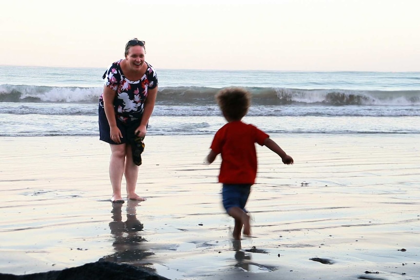 Catherine Ryan at Port Fairy beach with her son Ikoro