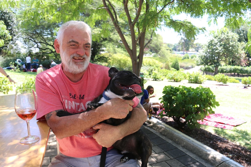 George Thomson with his Frenchie, Archie