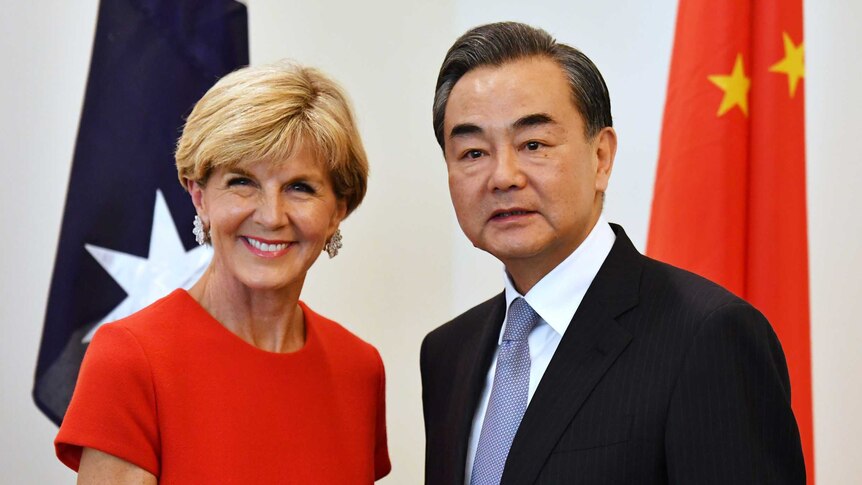 Julie Bishop and Wang Yi shake hands while standing in front of Australian and Chinese flags.
