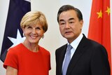 Australia's Foreign Affairs Minister Julie Bishop and China's Foreign Minister Wang Yi shake hands before a meeting in Canberra.