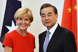 Australia's Foreign Affairs Minister Julie Bishop and China's Foreign Minister Wang Yi shake hands before a meeting in Canberra.