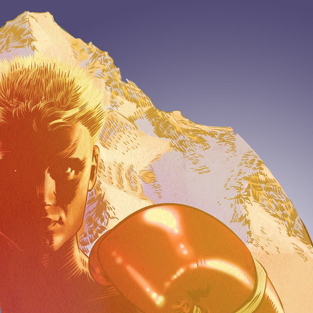 An illustration of Ivan Drago from Rocky IV standing in front of a mountain.