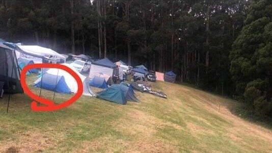 A picture showing the location of a tent at Falls Festival where a man was run over by a car while he was asleep.