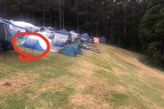 A picture showing the location of a tent at Falls Festival where a man was run over by a car while he was asleep.