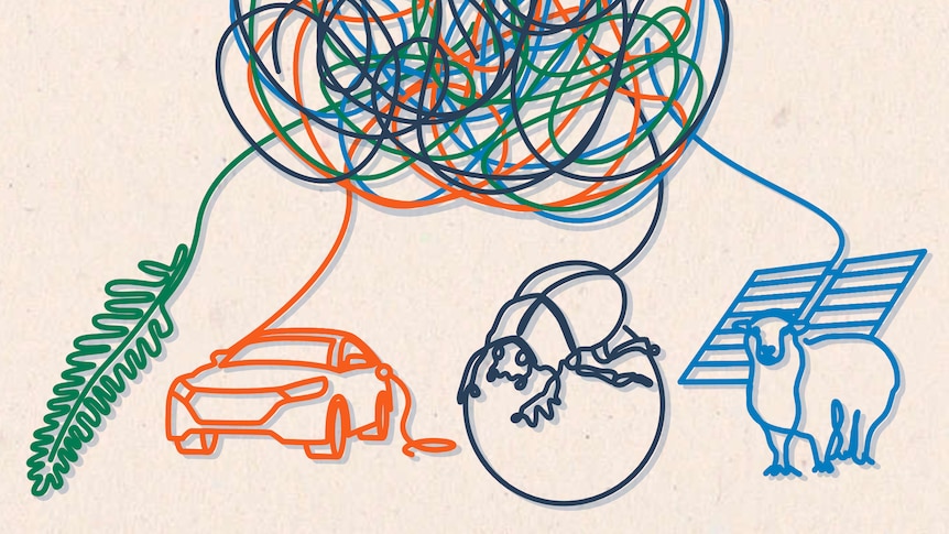 An illustration shows tangled string, a sheep, algae, a beetle and a car.