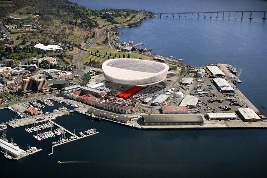 Graphic showing AFL stadium at Mac Point superimposed over historic goods shed which is in the same spot
