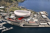 Graphic showing AFL stadium at Mac Point superimposed over historic goods shed which is in the same spot
