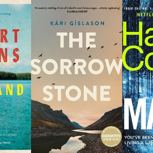 3 book covers in a row (details in caption):  featuring left to right: a boat on a lake; a fjord; a man in the woods