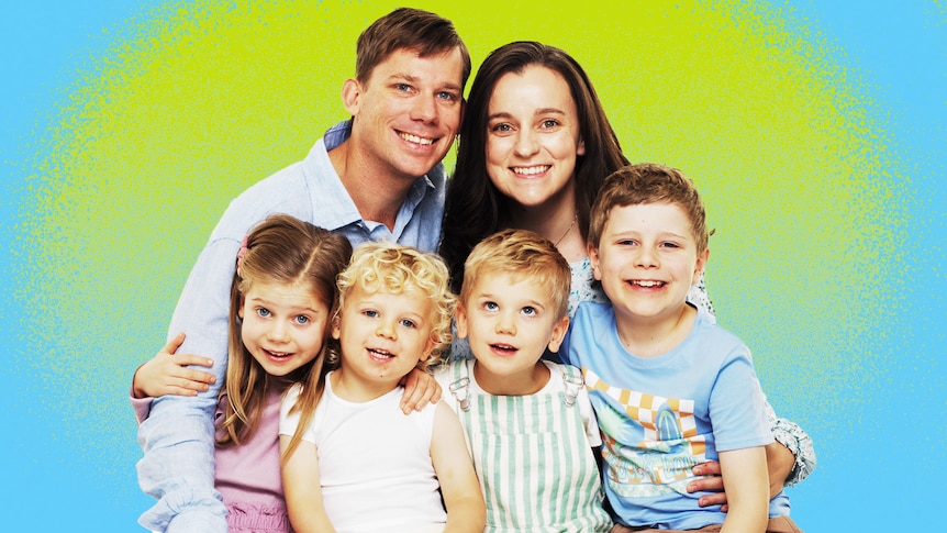 A family from Channel Nine's TV show 'Parental Guidance' against a bright green background.