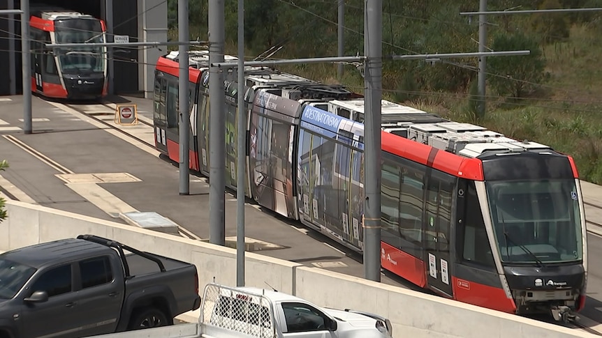 a light rail tram at the depot